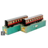 Two O gauge Bassett-Lowke BR maroon and cream coaches, a 110/0 1st '3995' and a 113/0 3rd '9272',
