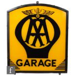A 1950s AA badge pictorial reverse painted garage sign black on yellow within a metal frame,