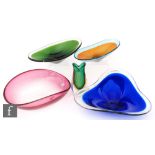 A post war Italian Murano glass bowl by Salviati, of oval section with roll rim, graduated pink to