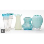 A collection of Victorian glass to include a pair of footed trumpet form vases in a graduated blue