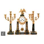 A 20th Century French Empire style green marble and gilt clock garniture, the circular dial named