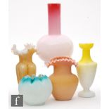 A collection of Victorian glass to include a Stourbridge amber quilted satin air trap vase of