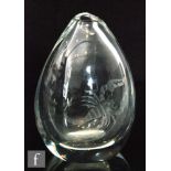 A post war Hadeland glass tear drop shaped vase, engraved to the front with a Scorpio symbol,