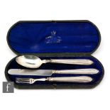 A cased hallmarked silver knife, fork and spoon set with beaded details to handles, Sheffield