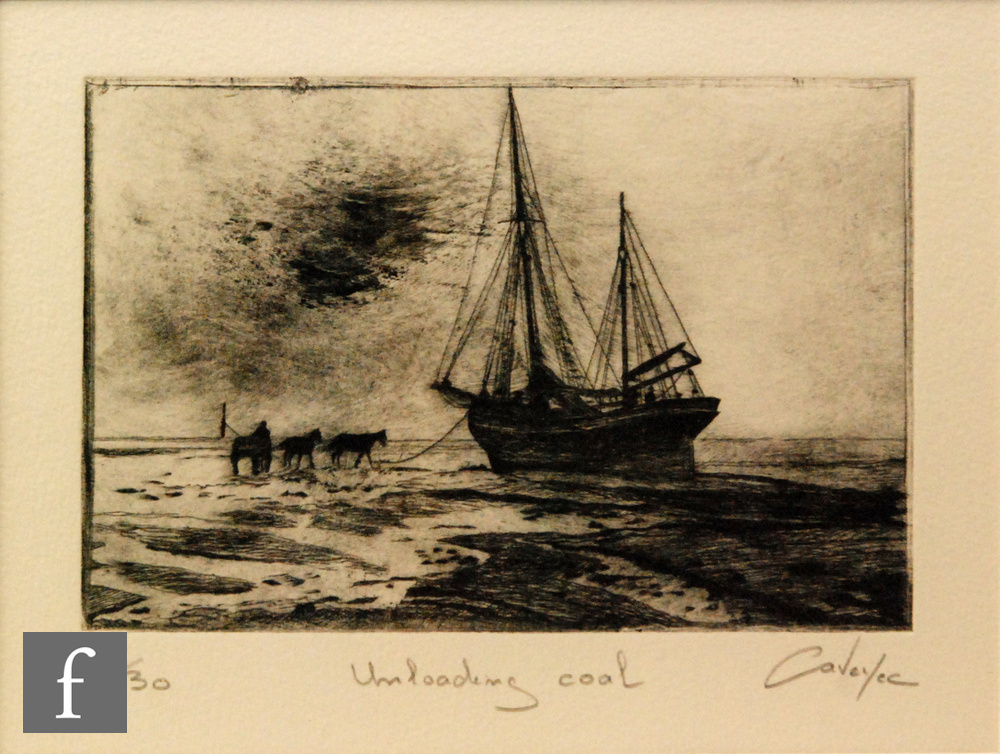Contemporary British School - 'Unloading Coal', etching, indistinctly signed in pencil and