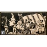 Bella Vichon (1904-1930) - Soldiers distributing provisions to women and children , linocut,