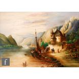 A late 19th century German painted plaque depicting a ferry at a quayside, framed, 15cm x 21cm.