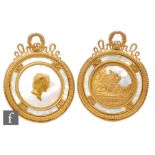 A pair of late 19th to early 20th Century French easel gilt metal plaques one of Napoleon and his