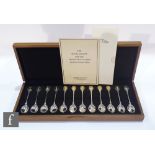 A cased set of twelve hallmarked silver tea spoons 'The Royal Society for the Protection of Birds