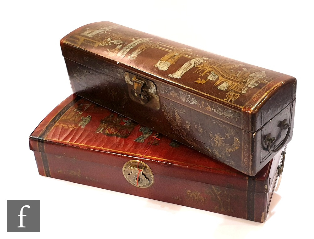 Two Chinese red lacquered document boxes, to include an oblong domed top scroll box, 16cm x 61cm x