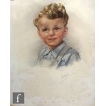 M LEWES (C. 1950) - Portrait of a little boy wearing a blue shirt and bib, watercolour, signed,