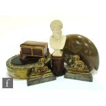 An oval and paste set onyx box and cover, width 15cm, a small rectangular gilt metal casket on