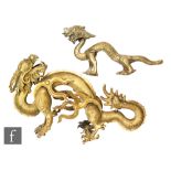 Two 19th Century Chinese gilt-metal figures of five-clawed dragons, previously forming the handles