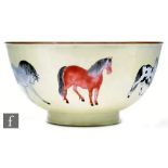 A Chinese enamelled 'Horse' design bowl, of typical 'U' form, the yellow ground, picked out with a