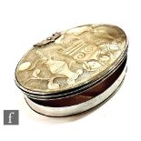 An early 19th century hinged lid silver and carved abalone snuff box of oval form, width 7cm.