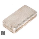 A George IV hallmarked silver rectangular snuff box with engine turned decoration and raised