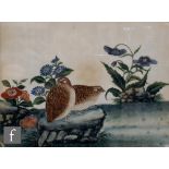 Two Chinese late 19th to early 20th Century rice paper paintings, the first depicting two quail