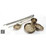 Six items of Chinese silver and white metal to include a spoon, two small dishes and a cup, all