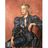ELIZABETH TAPLEY (MID 20TH CENTURY) - Portrait of a lady wearing a blue ballgown, three quarter