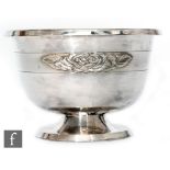 A hallmarked silver pedestal bowl of plain form with relief moulded rose detail, diameter 18cm,