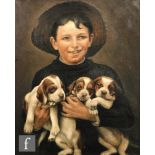 OSWALD (EARLY 20TH CENTURY) - A boy with three puppies, oil on canvas, signed, framed, 55cm x 44cm.