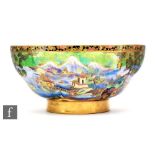 A 1930s Carlton Ware Art Deco footed bowl in the Chinaland pattern, with Chinoiserie decoration of