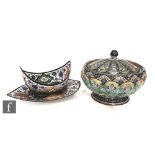 A collection of early 20th Century Indian, Jaipur enamelware to include a footed bowl and cover, a