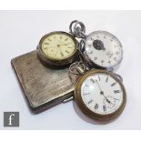 A silver open faced pocket watch with a metal example, a Heuer stop watch and a silver cigarette