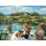 GIULIO WEST (LATE 20TH CENTURY) - A poolside table, oil on canvas, signed, framed, 75cm x 102cm.