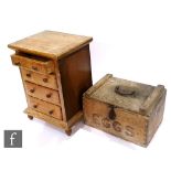 A small stripped pine four drawer chest, width 30cm and an early 20th Century egg box carrier. (2)