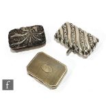 A Victorian rectangular vesta case with a modern pill box and a French silver canted rectangular