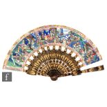 A 19th Century Chinese hand painted folding fan decorated with figures in building and garden