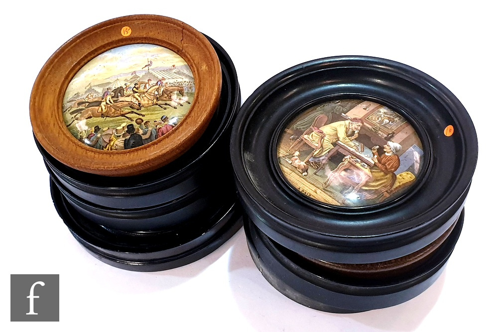 A collection of ten Prattware pot lids to include A Pair, Dr Johnson, Wellington, On Guard, Uncle