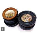A collection of ten Prattware pot lids to include A Pair, Dr Johnson, Wellington, On Guard, Uncle