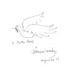 Joanna Lumley OBE - 'A swan dove', black fine line pen, 14.8cm x 21cm. Framed and glazed. Joanna