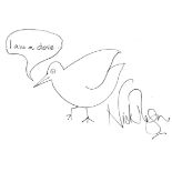 Nick Mason CBE - 'I am a dove', pencil, 14.8cm x 21cm. Framed and glazed. Nick Mason is a drummer