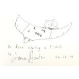 James Acaster - 'I am a dove wearing a t-shirt', black ink fine line pen, 14.8cm x 21cm. Framed