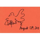 Stephen Fry - Black pen on orange paper, 14cm x 20.5cm. Framed and glazed. Stephen Fry is a