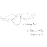 Joanna Lumley OBE - 'A thinking dove', black fine line pen, 14.8cm x 21cm. Framed and glazed. Joanna