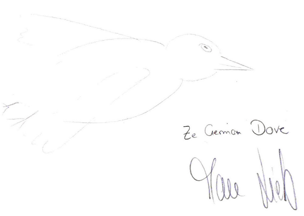 Frank Biela - 'Ze German Dove', pencil, 14.8cm x 21cm. Framed and glazed. Frank Biela is an auto