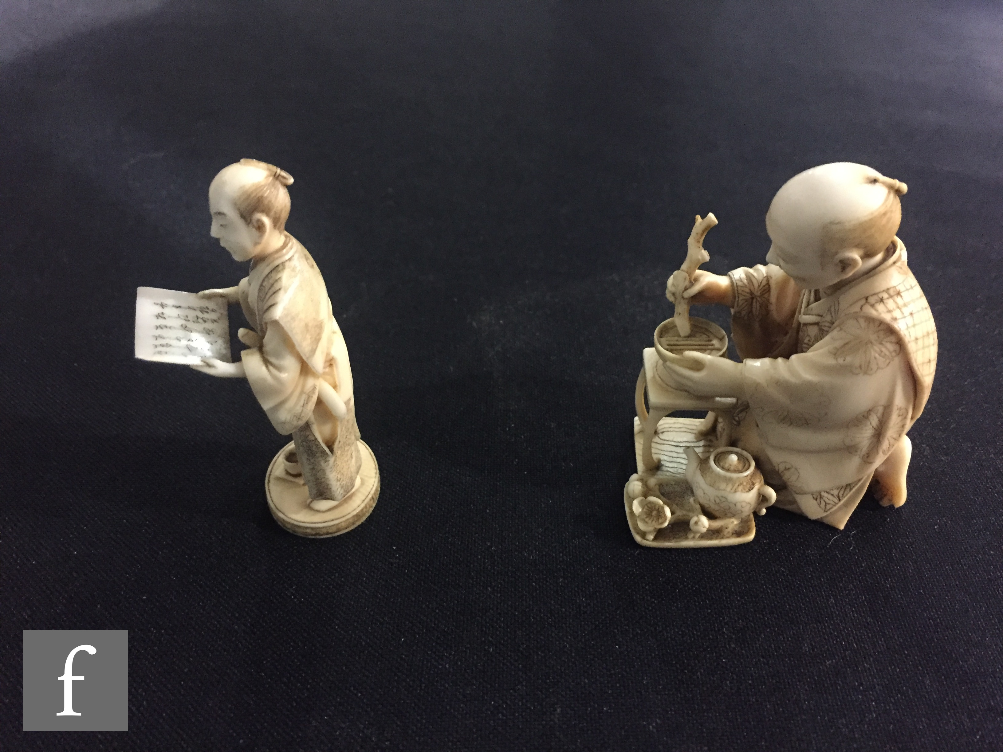 A 19th Century carved ivory seated figure of a man mixing tea with a stick, another of a scribe, a - Image 3 of 16