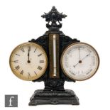 A late 19th Century combination/aneroid barometer desk clock with thermometer to the centre