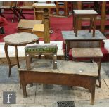 A small Gothic stool with cushioned top, a pine chest with lift lid on block feet, three small