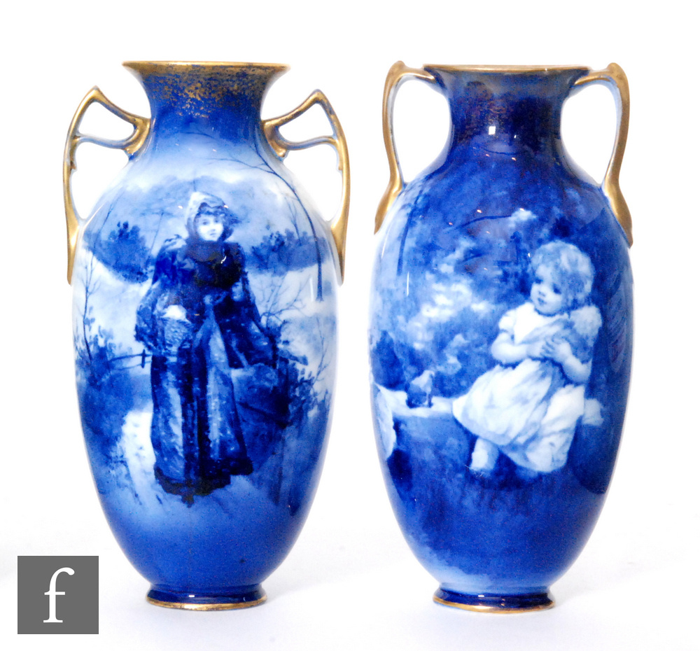 Five Royal Doulton Flow Blue, Blue Children vases of varying form decorated with scenes of children,