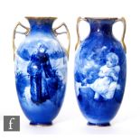 Five Royal Doulton Flow Blue, Blue Children vases of varying form decorated with scenes of children,