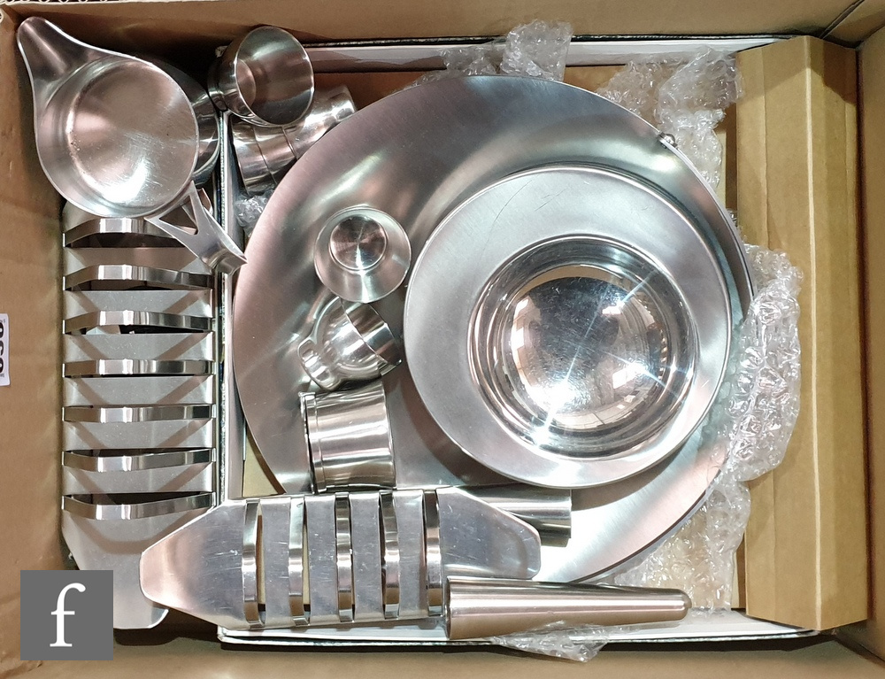 A collection of assorted Robert Welch Old Hall stainless steel to include a condiment set, a boxed