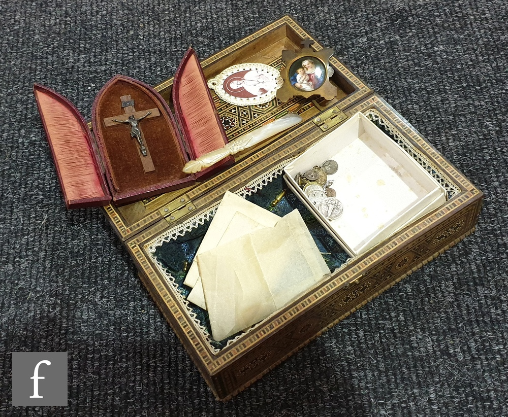 A small inlaid glove box, a crucifix triptych, assorted pendants and three cloisonne bowls. (qty)