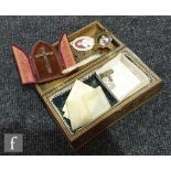 A small inlaid glove box, a crucifix triptych, assorted pendants and three cloisonne bowls. (qty)