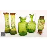 A small collection of late 19th Century glass to comprise a pair of wrythen fluted green glass vases