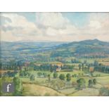 ANNE HARCOURT (1917-1985) - A panoramic view over fields and woodland, oil on canvas, signed,
